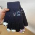 Winter warm thick knitted touchscreen gloves for women with cute cat paw design and letter print. - Black