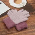 Women winter warm knit touch screen gloves with plush cuff detail for outdoor daily use. - Leather Purple Furry Cuff