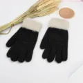 Women winter touch screen knitted gloves warm black gloves with plush cuff for outdoor - Black Fur Trim