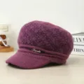 Winter warm knitted duckbill hat for women, thick plush lined newsboy cap in purple color. - One Size / Fuschia