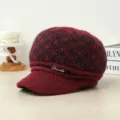 Winter warm knitted visor hat for women, fleece-lined elderly mother cap with metal decor - One Size / Burgundy
