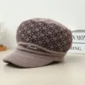 Winter warm knitted newsboy hat for women with plush texture and metal detail view - One Size / Coffee