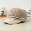 Winter warm knitted newsboy hat for women, fleece-lined thick plush brim cap, elegant leopard detail. - One Size / Off White