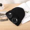 Berretto maglia nera con occhiali pilota integrati, cappello lana invernale caldo per uomo e donna. - Taglia unica / Nero