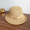 French straw sun hat with bow roll brim for women summer elegant beach sunhat - M (56-58cm) / Khaki
