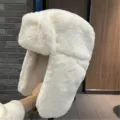 Winter Plush Earflap Bomber Hat Solid White Thickened Warm Trapper Hat Unisex Style - One Size / White