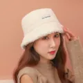 White fuzzy bucket hat for women, winter warm fleece plush cap with stylish letter patch. - M (56-58cm) / Beige