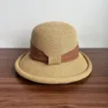 Women's French woven straw sun hat with brown ribbon bow, elegant rolled edge summer beach hat. - M (56-58cm) / Coffee