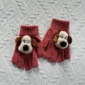 Cute kids winter knitted gloves featuring adorable cartoon puppy plush design, warm thermal gear. - One Size / Rose Red
