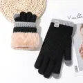 Winter warm knit touch screen gloves black grey fleece lined thick thermal winter gloves - XL / Women's Double Layer Thickened Hat - Black