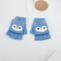 Kids winter warm knit flip-top half-finger gloves blue cute cartoon bear design children - One Size / Blue