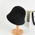 Black plush bucket hat for women, fuzzy winter warm basin hat, soft cozy plain style hat. - One Size / Black