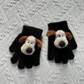Cute cartoon dog knitted gloves for kids, winter warm five-finger gloves with plush puppy design. - One Size / Black