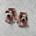 Kids winter knitted gloves cute cartoon dog plush five finger warm gloves pink detail - One Size / Pink