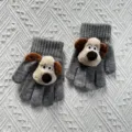 Cute knit children gloves with 3D cartoon dog design, warm winter finger gloves for kids. - One Size / Gray