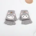 Cute grey knit convertible gloves for kids, warm half-finger winter cartoon mittens. - One Size / Gray
