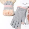 Winter warm knit gloves grey pink touch screen plush lined fleece thermal cozy comfortable style - XL / Women's Double-Layer Thickened - Light Gray