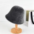 Dark grey fluffy bucket hat for women, soft winter warm alpaca style plush basin hat. - One Size / Dark Gray