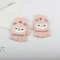 Kids winter cute knit flip half-finger gloves warm thick cartoon children mittens for boys and girls. - One Size / Pink