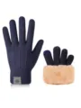 Detailed view showing winter warm knit gloves with plush cuff and touch screen feature. - XL / Snowflake Label Ribbed Double-Layer Navy Blue