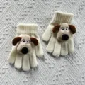 Winter cute kids knit gloves with plush cartoon puppy decor, warm and cozy winter accessories. - One Size / White