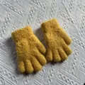 Children's winter warm thick knitted gloves, solid yellow soft wool hand warmers for kids. - One Size / Yellow