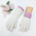Winter warm fluffy knitted long gloves for women, sweet pink and white design, detail view. - One Size / White