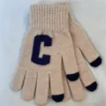 Gants tactiles en tricot chaud pour femmes hiver couleur unie cinq doigts détail lettre C. - Beige