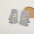 Grey knit touchscreen gloves detail showing cute pink heart and nice yellow letter print. - Gray Heart