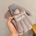 Women winter warm knit touch screen gloves with cute strawberry and letter pattern grey thick - Strawberry Woolen Gloves - Gray