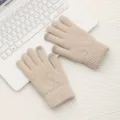 Women winter warm knit touchscreen gloves detail view, thick wool diamond pattern knitwear. - Off White