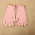 Pink knit fingerless gloves detail, cute green and orange cuff, winter warm wool material. - One Size / Rose Pink
