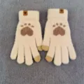 Cute Cat Paw Knitted Touch Screen Winter Warm Thickened Woolen Gloves For Women Students - Off-White Woolen Bear Paw Mittens