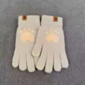 Women winter warm knitted touch screen gloves cute cat paw print thick soft mittens for daily wear - Light Gray Woolen Bear Paw Mittens