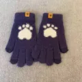 Winter warm knit touchscreen gloves for women cute plush paw print design purple fuzzy mittens - Navy Blue Woolen Bear Paw Mittens