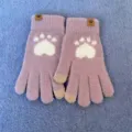 Cute winter knit touchscreen gloves for women, warm fleece-lined furry paw print mittens. - Taro Purple Woolen Bear Paw Mittens