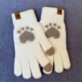 Women winter warm knitted touch screen gloves with cute cat paw design for daily wear - White Woolen Bear Paw Mittens