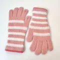 Knit gloves detail view showing pink white stripes texture and touchscreen finger opening. - One Size / Pink Striped Fingerless Gloves