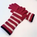 Detailed view of women's long knitted striped five-finger gloves, warm winter wear. - One Size / Red Striped Fingerless Gloves