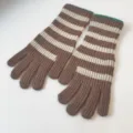 Close-up view of cozy brown and white striped knit gloves featuring a soft green cuff detail. - One Size / Khaki Striped Fingerless Gloves