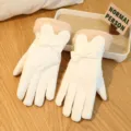 Close-up detail of winter plush-cuffed gloves with cute bow and bunny ear decoration. - One Size / AJ Bow Double-Layer Ski / White