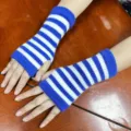 Knit striped fingerless gloves and arm warmers for women winter warm accessory detail view. - One Size / A-2 Thin Stripes Blue and White