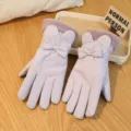Close-up of cute winter plush gloves with sweet bow and rabbit ears design, cozy detailed view. - One Size / AJ Bow Double-Layer Ski / Light Purple