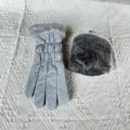 Detailed view of women winter warm plush touch screen gloves and matching set, stylish coldproof. - One Size / Light Gray