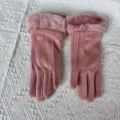 Pink plush cuff gloves detail view, soft warm winter outdoor cycling gloves close-up. - One Size / Rose Red