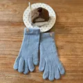 Detailed view of winter warm women knit gloves in solid light blue color with cute bear label. - Sky Blue
