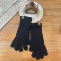Black knit gloves for women, winter warm long thermal gloves with cute bear patch detail. - Black