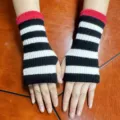 Black and white striped knit fingerless gloves with a red top cuff for autumn and winter. - One Size / A-1 Wide Stripes Black and White