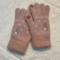Cute winter knitted touchscreen gloves for women with sweet embroidered rabbit and polka dots. - One Size / Pink Embroidered Bunny