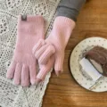 Pink knit fingerless gloves women winter warm minimalist solid color wrist warmers detail - Pink
